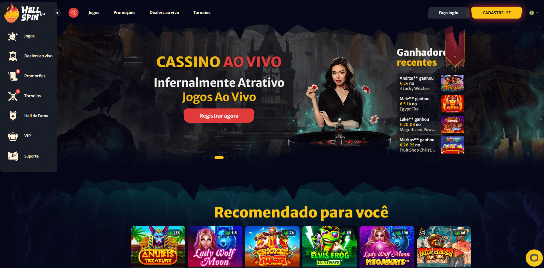 | **Hell Spin** | Bônus: Pacote de boas-vindas até €400 \+ 200 rodadas grátis, promoções diárias e semanais. Jogos: Coleção extensa incluindo slots, jogos ao vivo e jackpots progressivos. App: Site otimizado para dispositivos móveis, acessível em todos os dispositivos, sem app dedicado. Bancos: Várias opções incluindo cartões de crédito, e-wallets e criptomoedas. Suporte: Atendimento ao cliente 24/7 via chat ao vivo e e-mail. | Jogue Hell Spin agora |