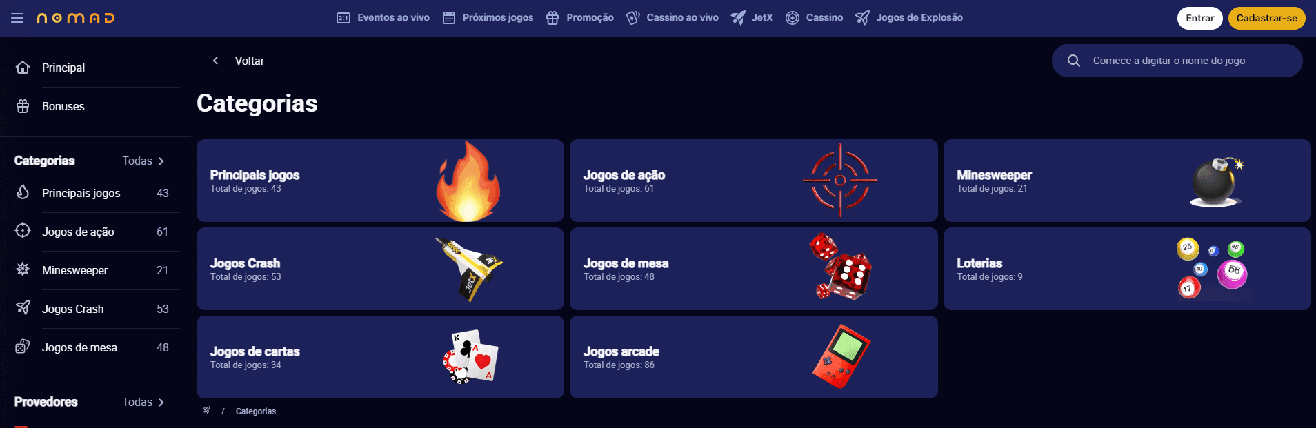 A Nomad Games proporciona aquela sensação de jogo em tempo real que os jogadores amam, você pode testar suas habilidades contra dealers reais e sentir a empolgação do jogo ao vivo do conforto da sua casa.